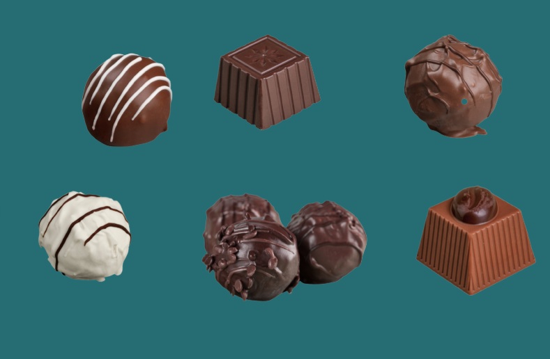 6 bombons amb fons blau