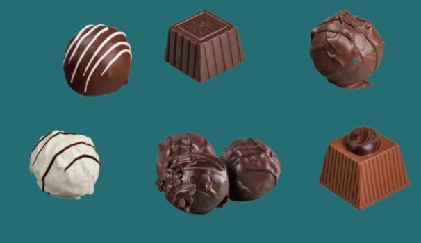 6 bombons amb fons blau